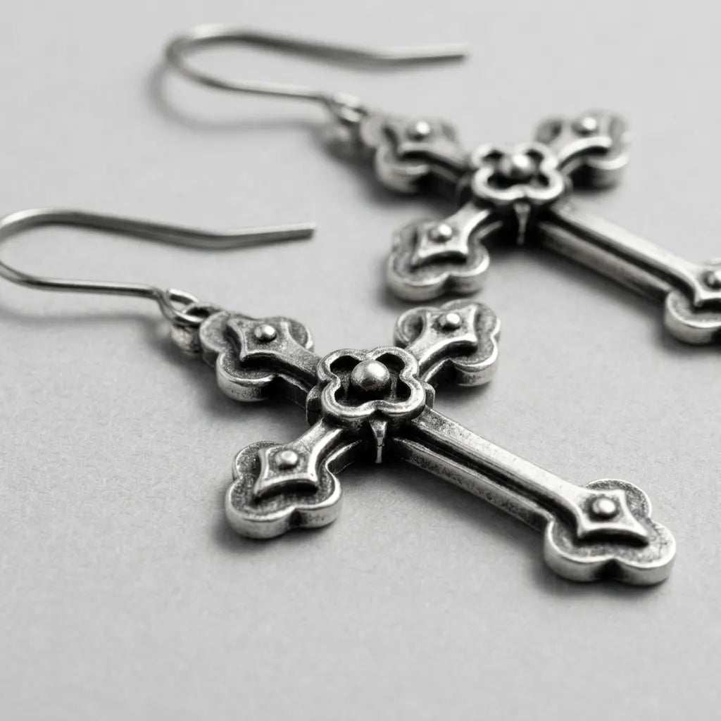 Shadow Cross Fleur Detail Antiqued Silver Earrings