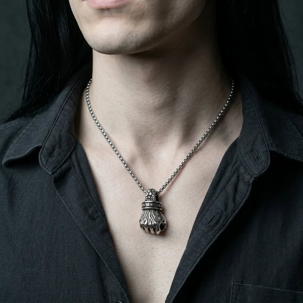 Skull-Topped Skeleton Fist Pendant Necklace