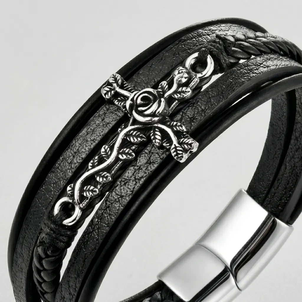 Men's Black Leather Braid Rose Vine Cross Clasp Bracelet