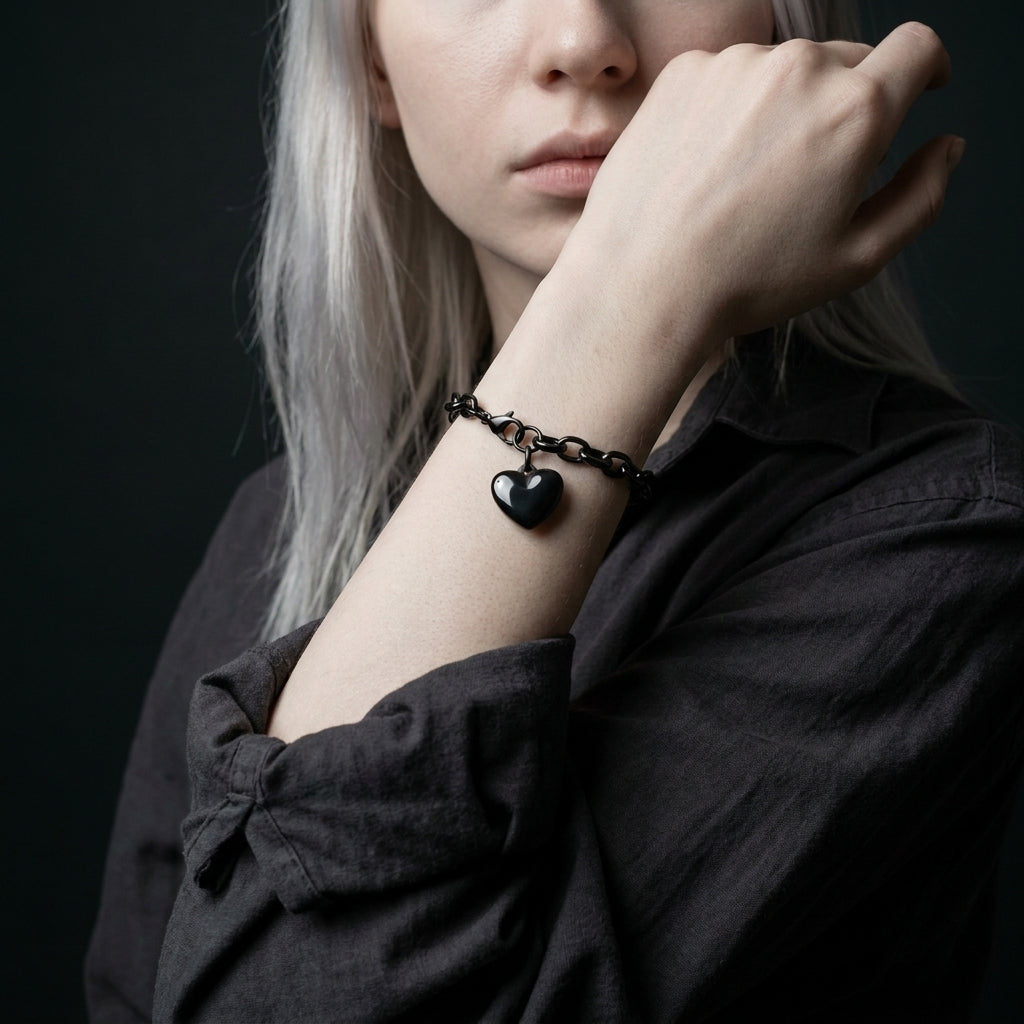Black Heart Charm Cable Link Bracelet