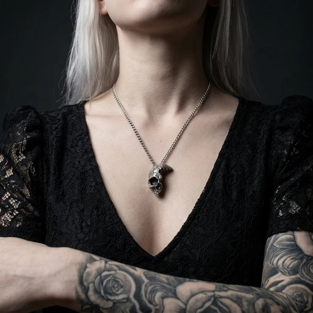 Cracked Moon Skull Pendant Necklace