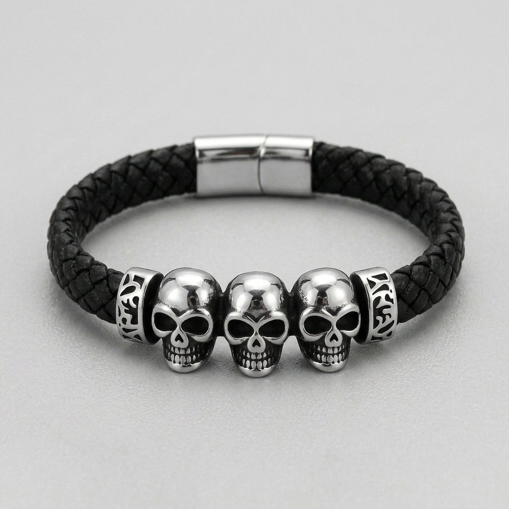 Three Skull Celtic Knot Black Leather Bracelet