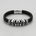 Three Skull Celtic Knot Black Leather Bracelet