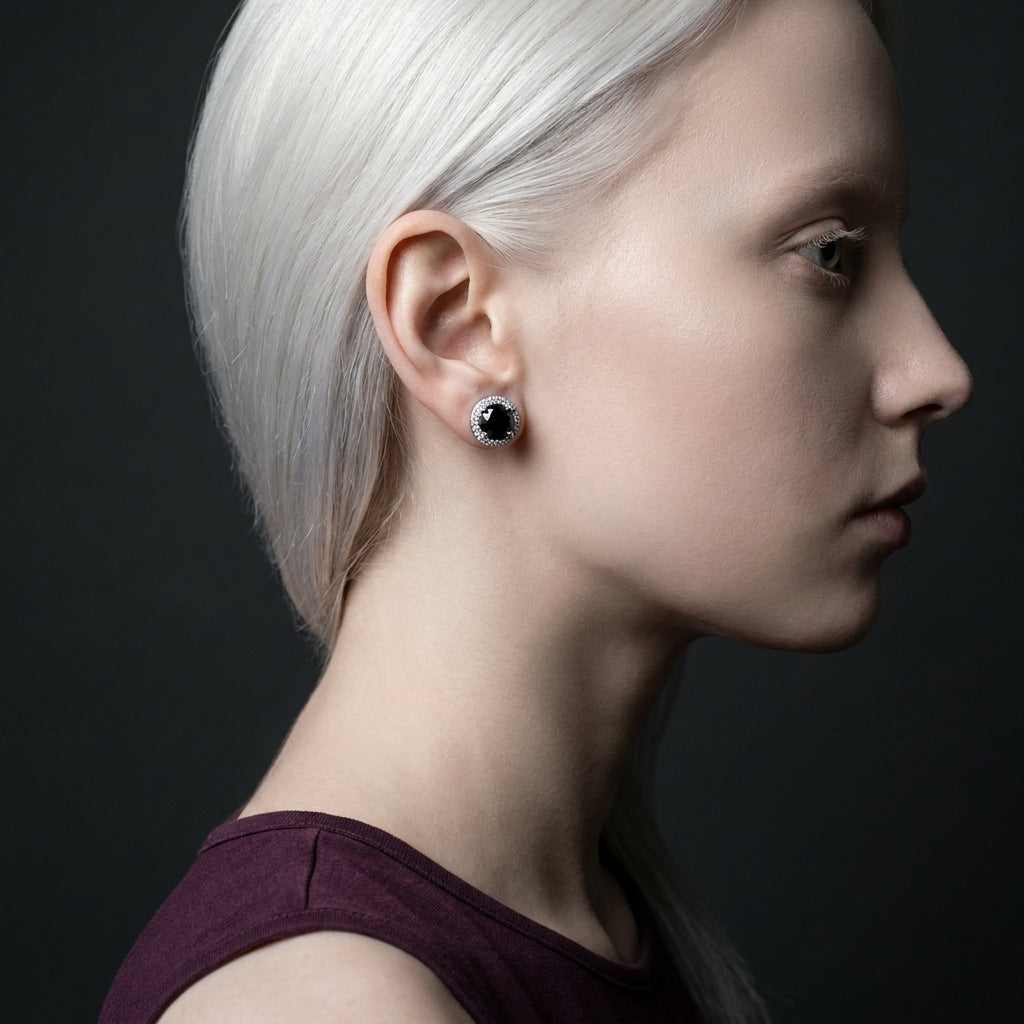 Black Diamond Halo Stud Earrings in Sterling Silver