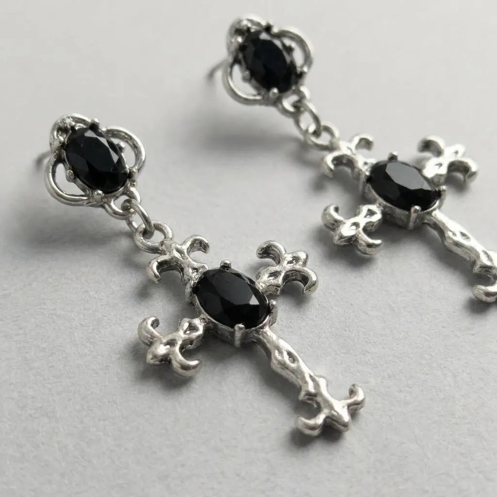 Dark Crystal Cross Dangle Earrings