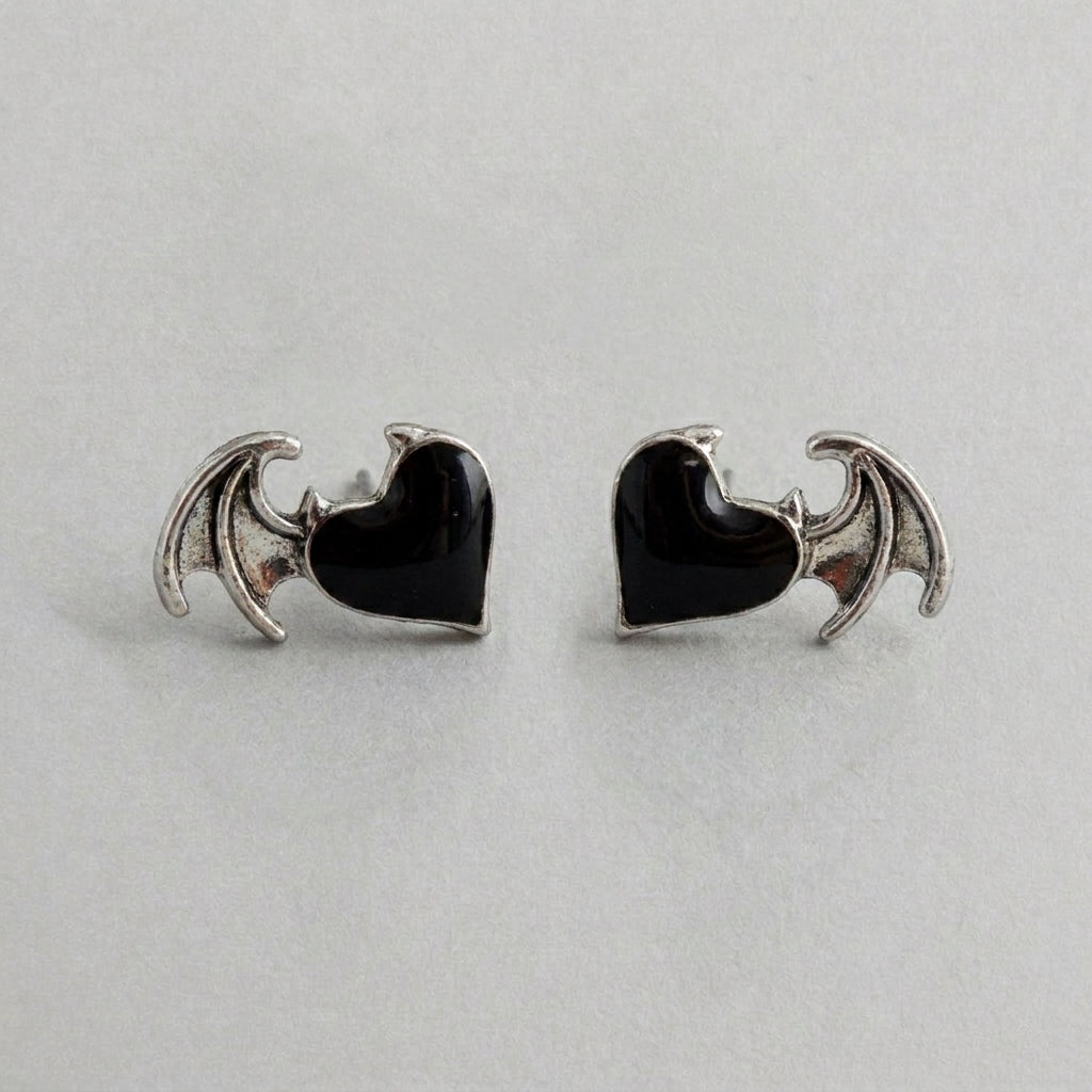 Dark Heart Takes Flight - Black Enamel Winged Heart Stud Earrings