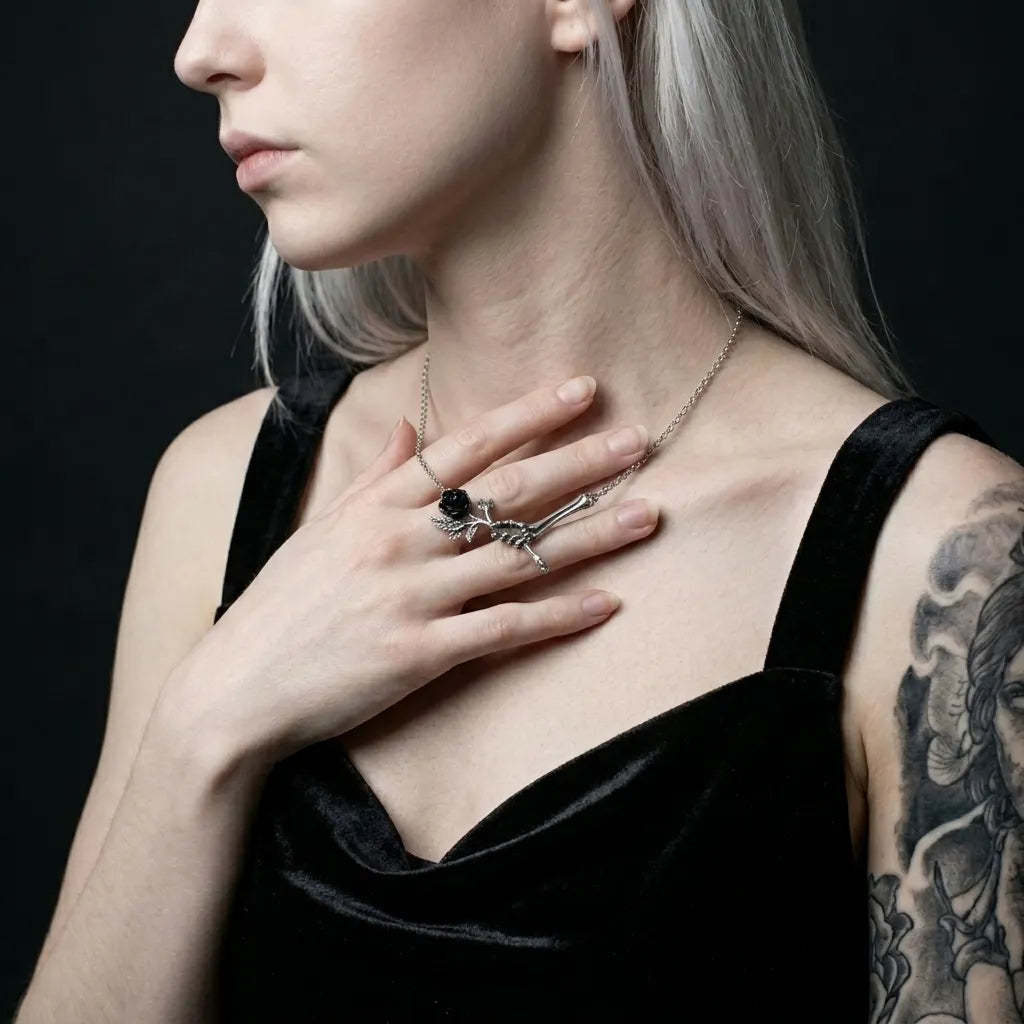 Bone Hand Cursed Rose Necklace