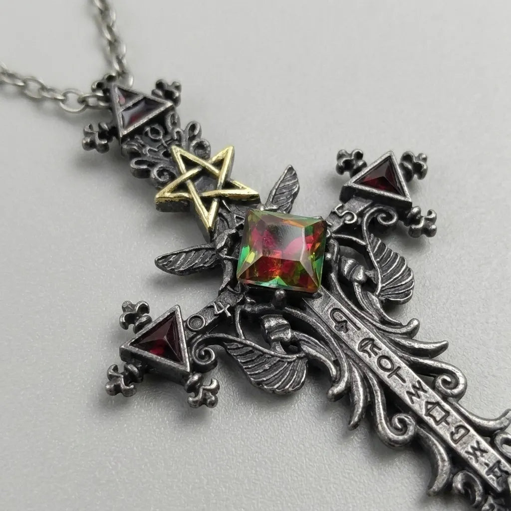 Dark Ritual Pentagram Crystal Cross Necklace