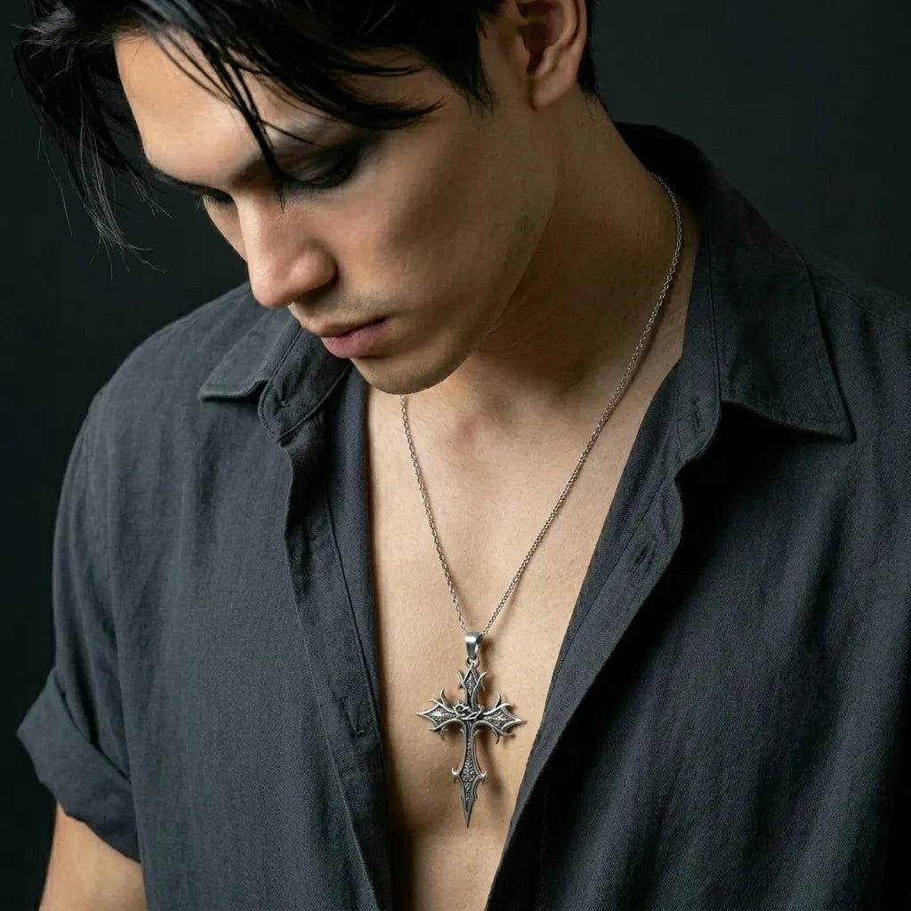 Spiked Floral Gothic Cross Pendant Necklace