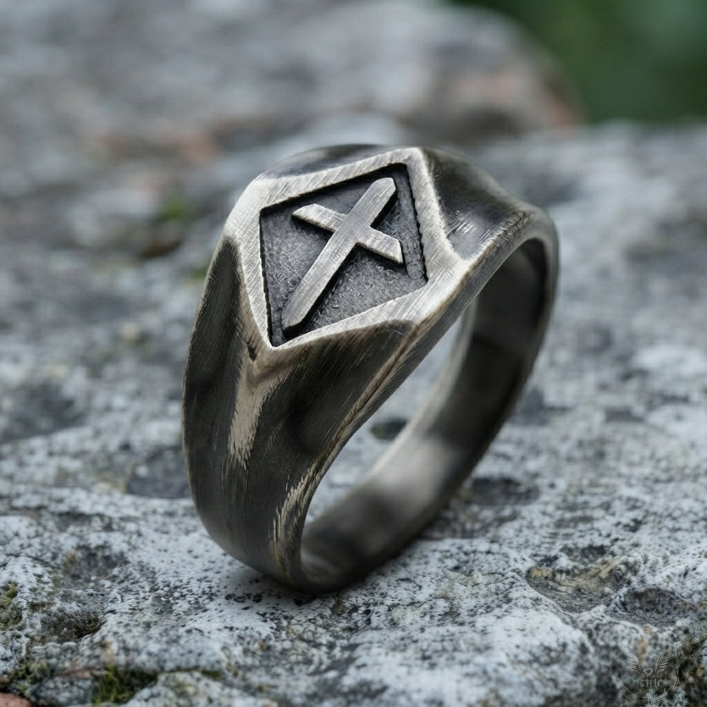 Brushed Cross Signet Ring