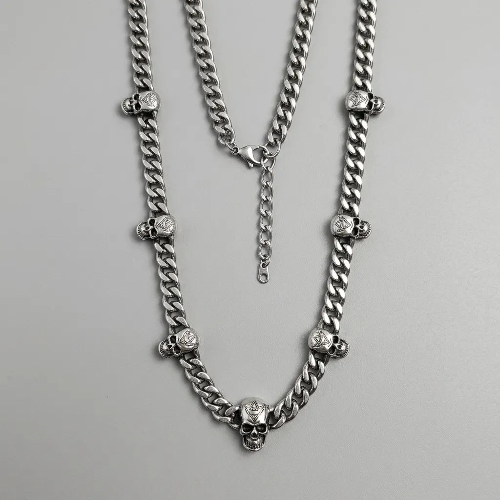 Multi-Skull Station Cuban Chain Necklace