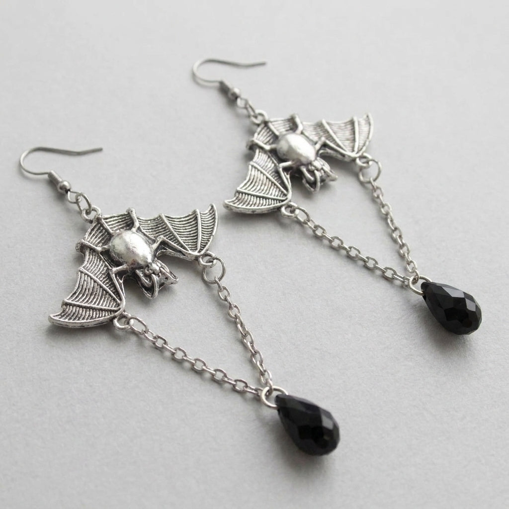 Midnight Wingspan - Gothic Bat & Black Crystal Drop Earrings