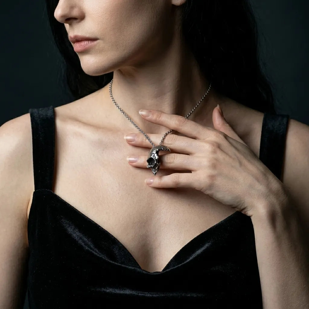 Cracked Moon Skull Pendant Necklace