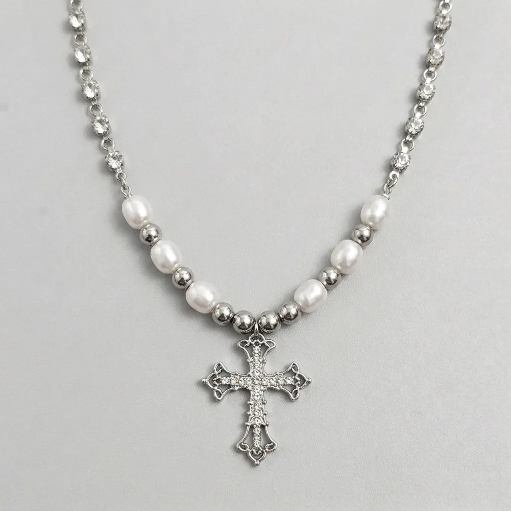 Ornate Cross Pearl Rhinestone Necklace