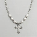 Ornate Cross Pearl Rhinestone Necklace