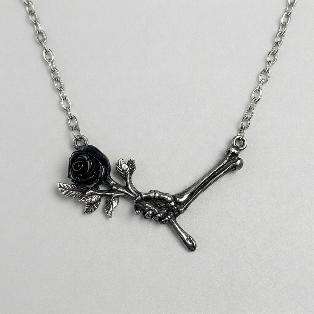 Bone Hand Cursed Rose Necklace