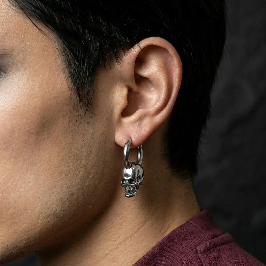3D Skull Drop Huggie Hoop Earrings