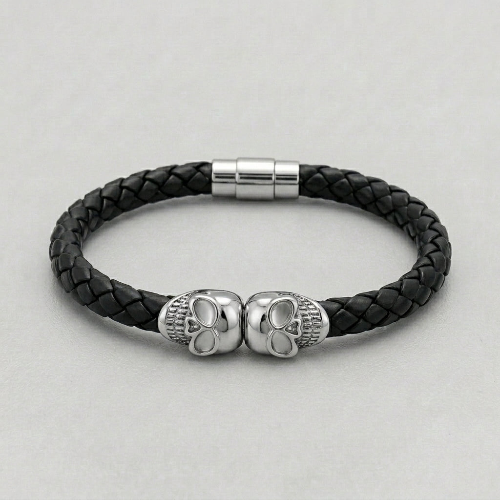 Twin Skull Black Braided Leather Bracelet