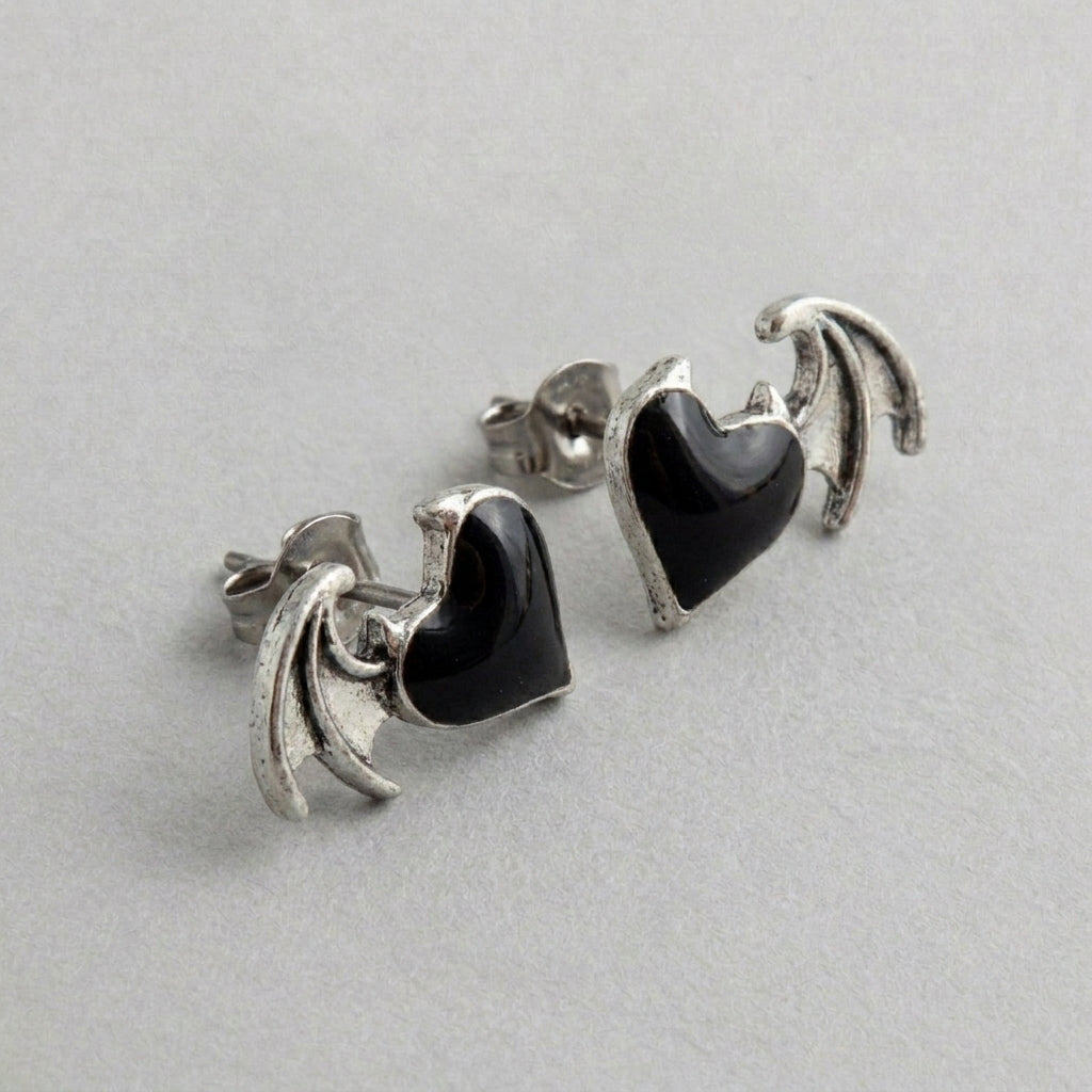 Dark Heart Takes Flight - Black Enamel Winged Heart Stud Earrings