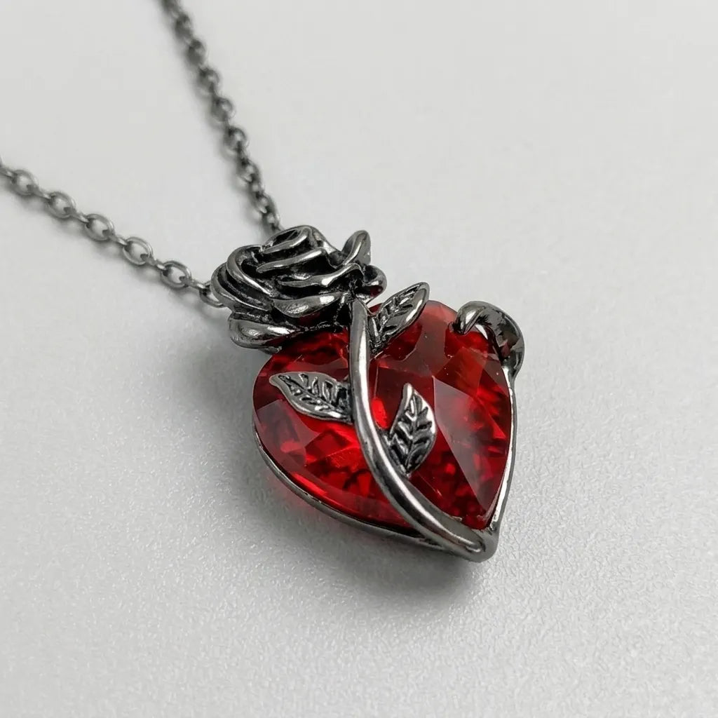 Red Crystal Heart Rose Necklace