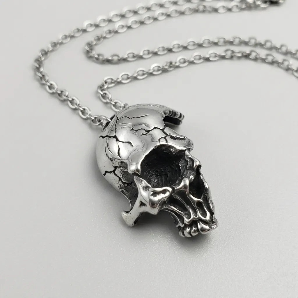 Cracked Moon Skull Pendant Necklace