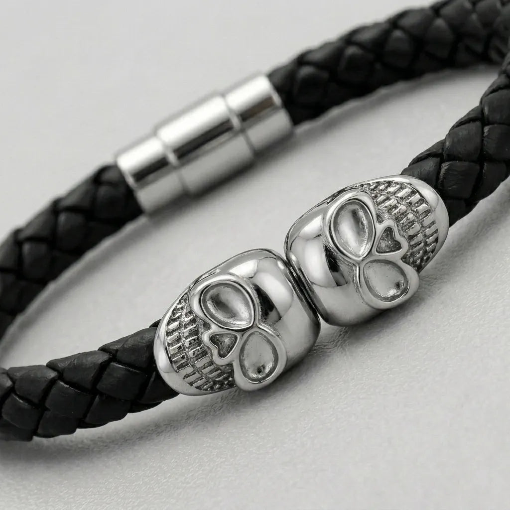 Twin Skull Black Braided Leather Bracelet