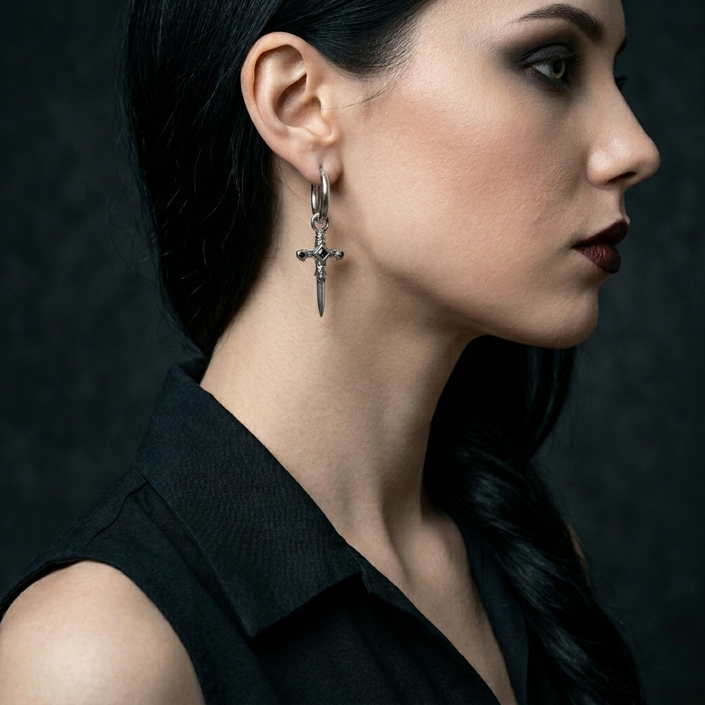 Veilborn Sanctum Dagger Drop Hoop Earrings