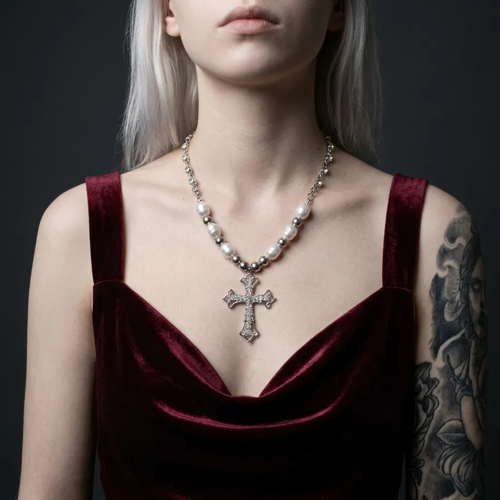 Ornate Cross Pearl Rhinestone Necklace