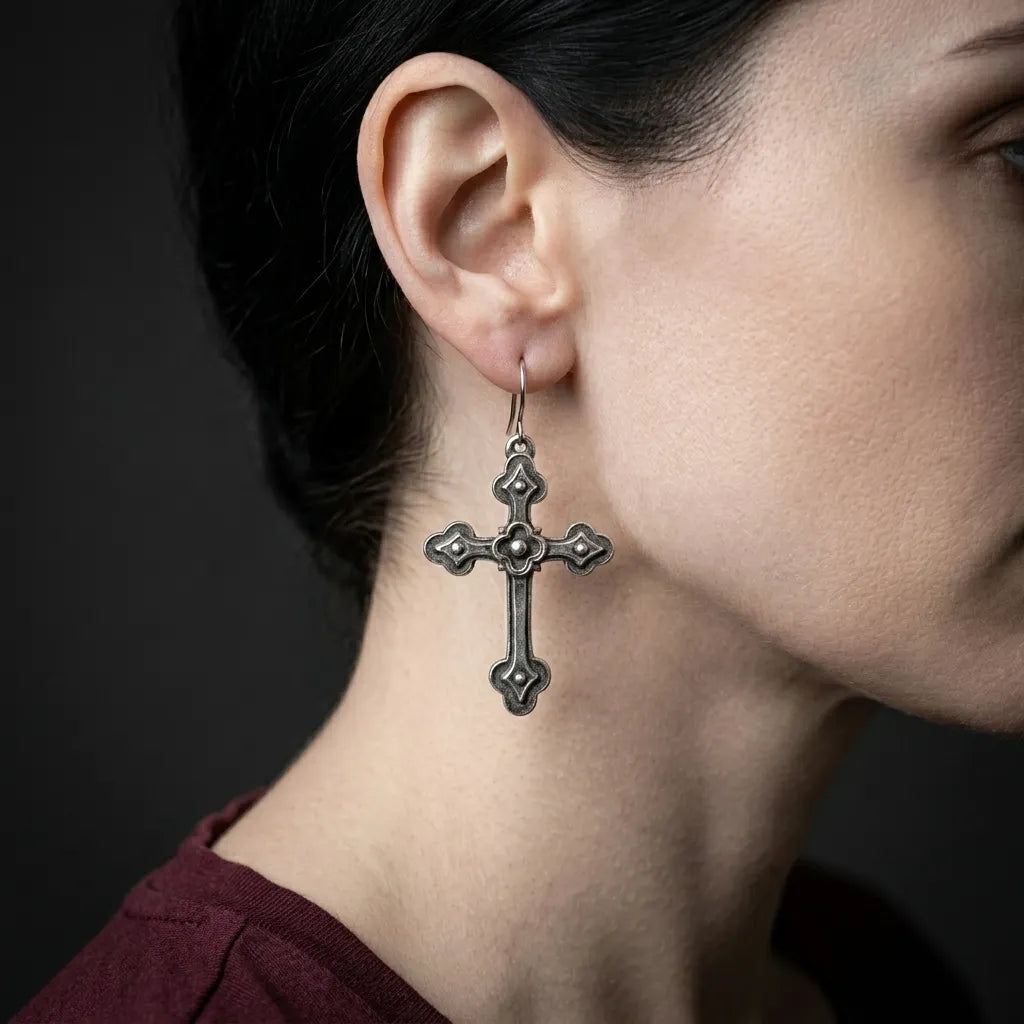 Shadow Cross Fleur Detail Antiqued Silver Earrings