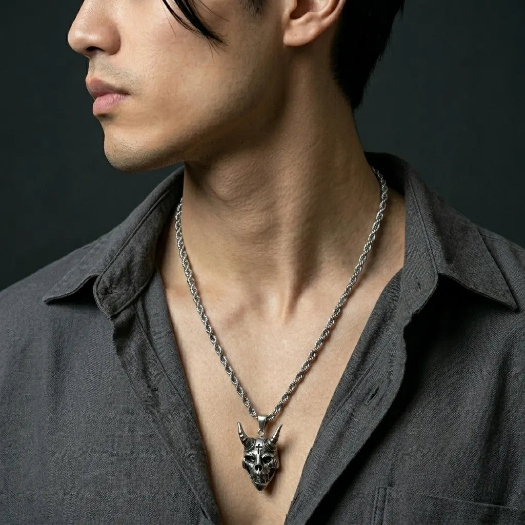 Cross & Horn Demon Skull Pendant Necklace