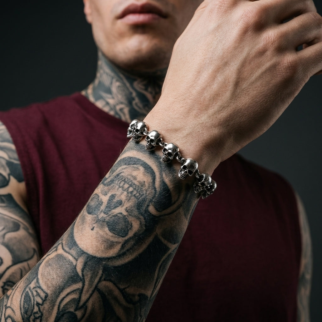 Silver Skull Link Chain Bracelet
