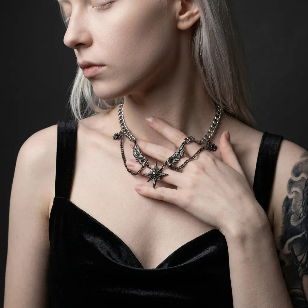 Winged Star Black Crystal Draped Necklace