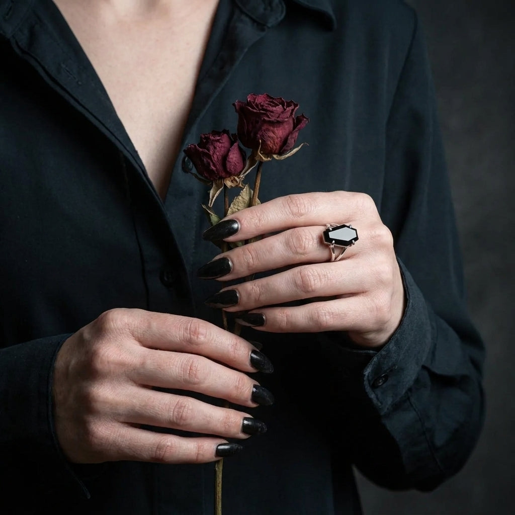 Black Coffin Stone Silver Split Band Gothic Ring
