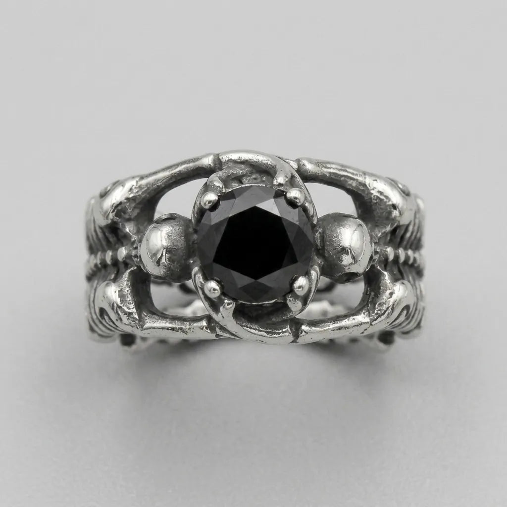 Twin Skeleton Embrace Black Gem Ring