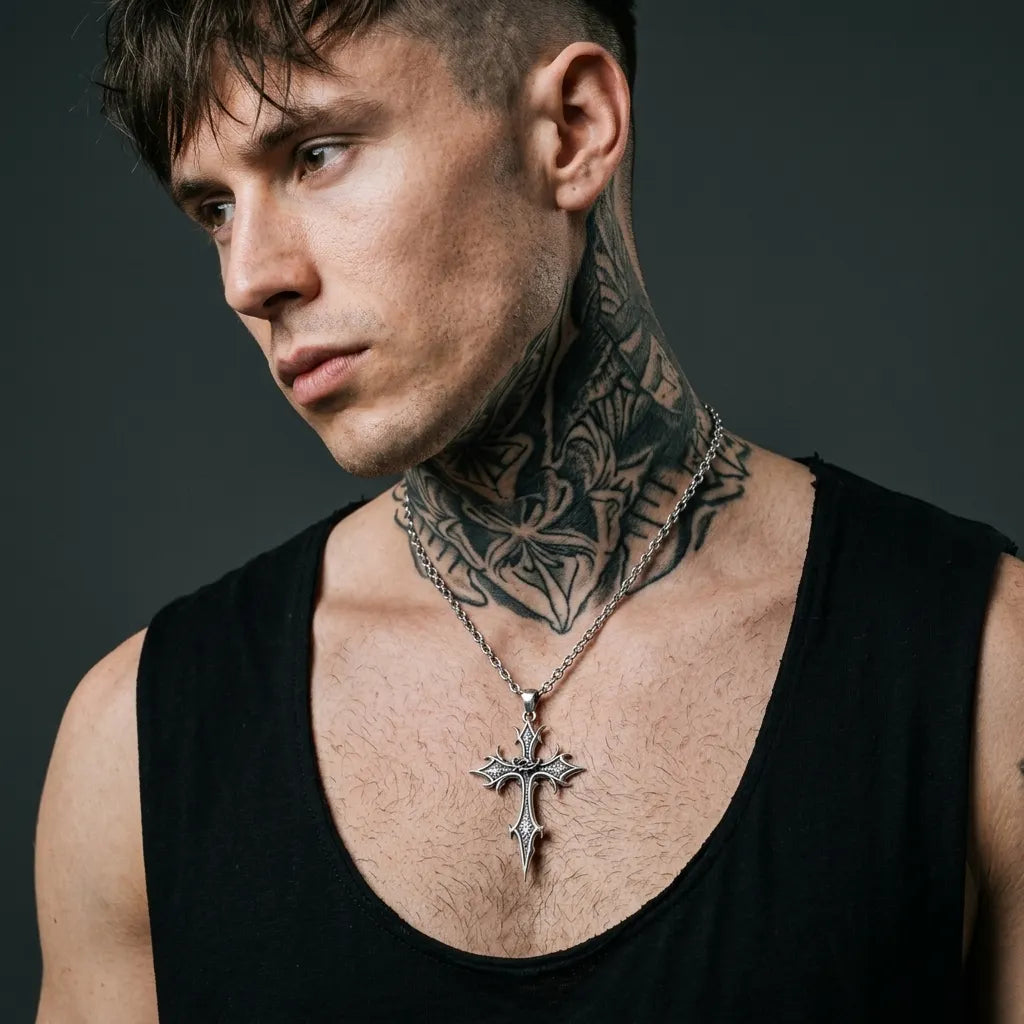 Spiked Floral Gothic Cross Pendant Necklace