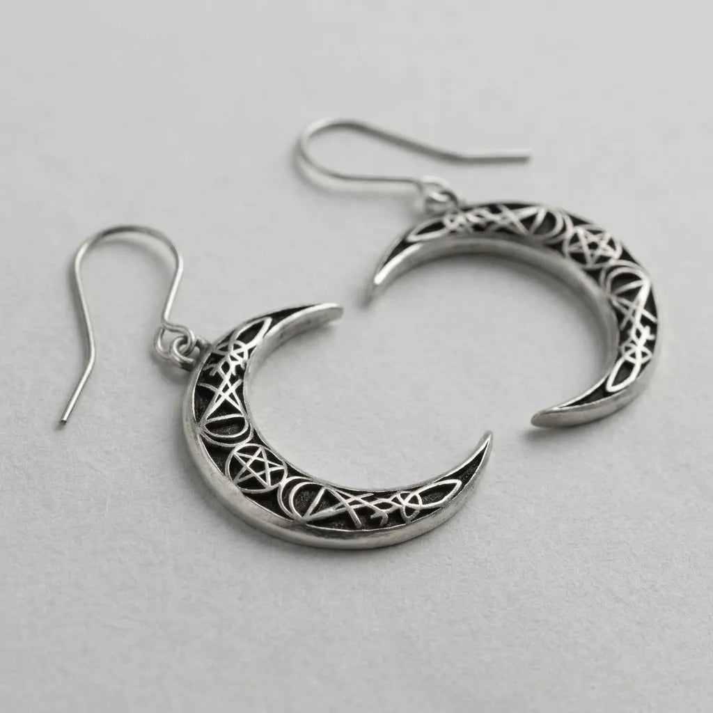 Pagan Crescent Moon Pentagram Earrings