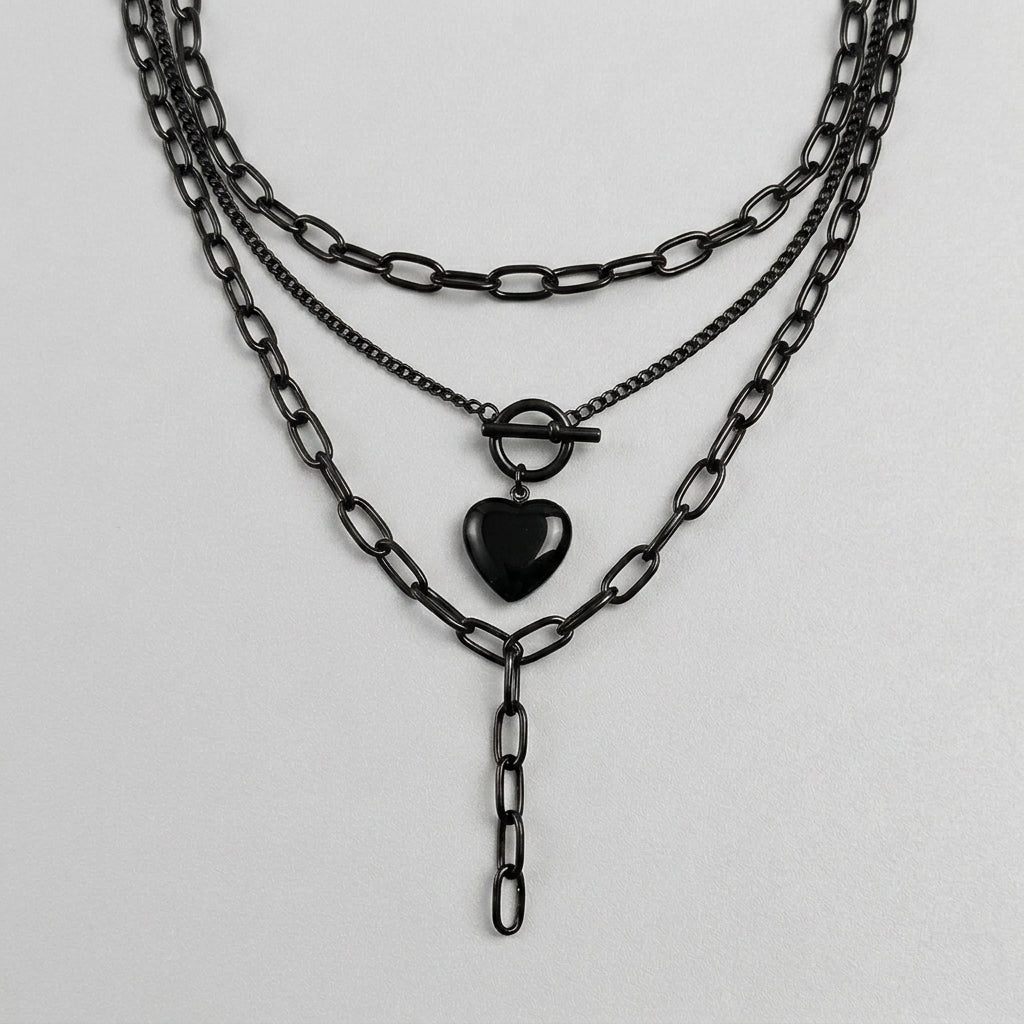 Black Heart Toggle Layered Chain Necklace
