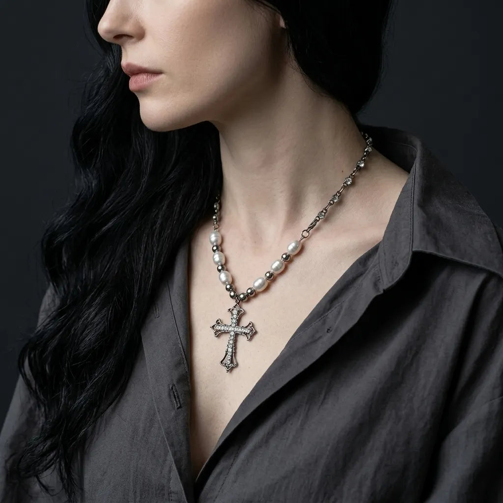 Ornate Cross Pearl Rhinestone Necklace