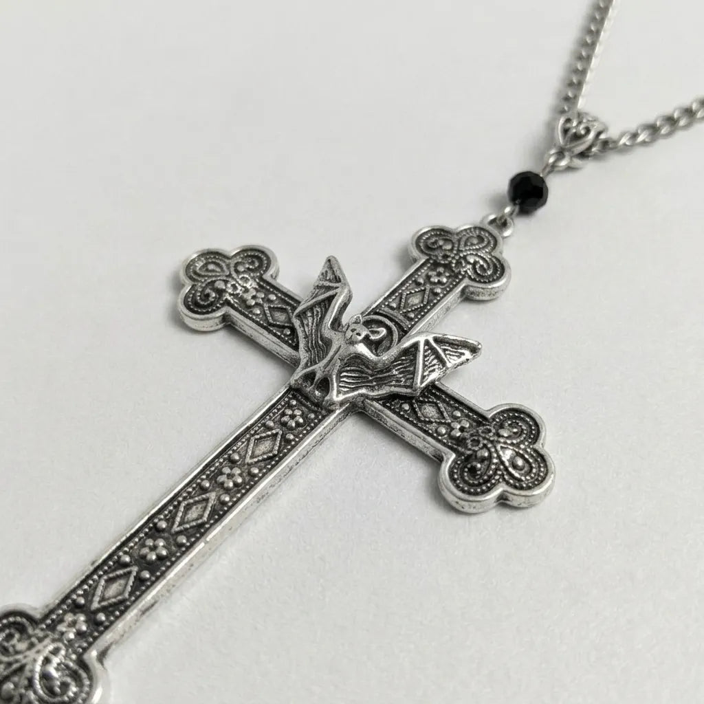Gothic Bat Filigree Cross Pendant Necklace