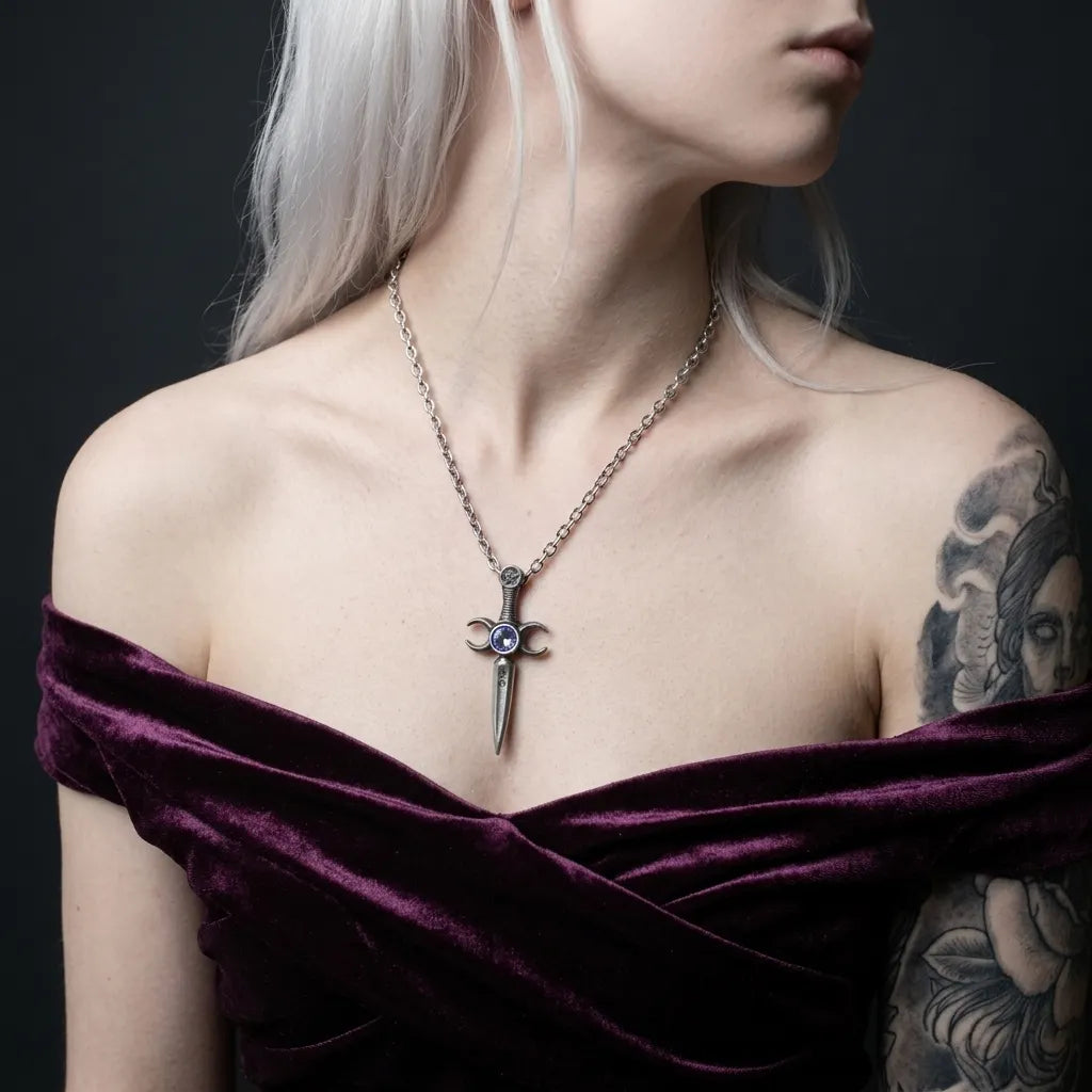 Triple Moon Athame Dagger Necklace