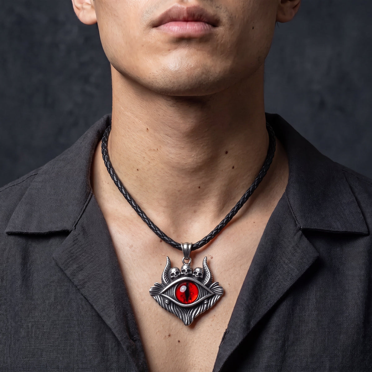 Dragon Eye Pendant with Skulls – Red Gemstone Necklace