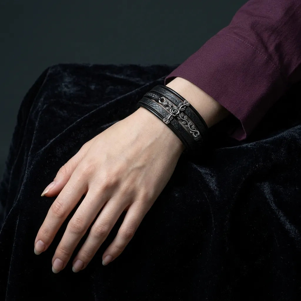 Men's Black Leather Braid Rose Vine Cross Clasp Bracelet