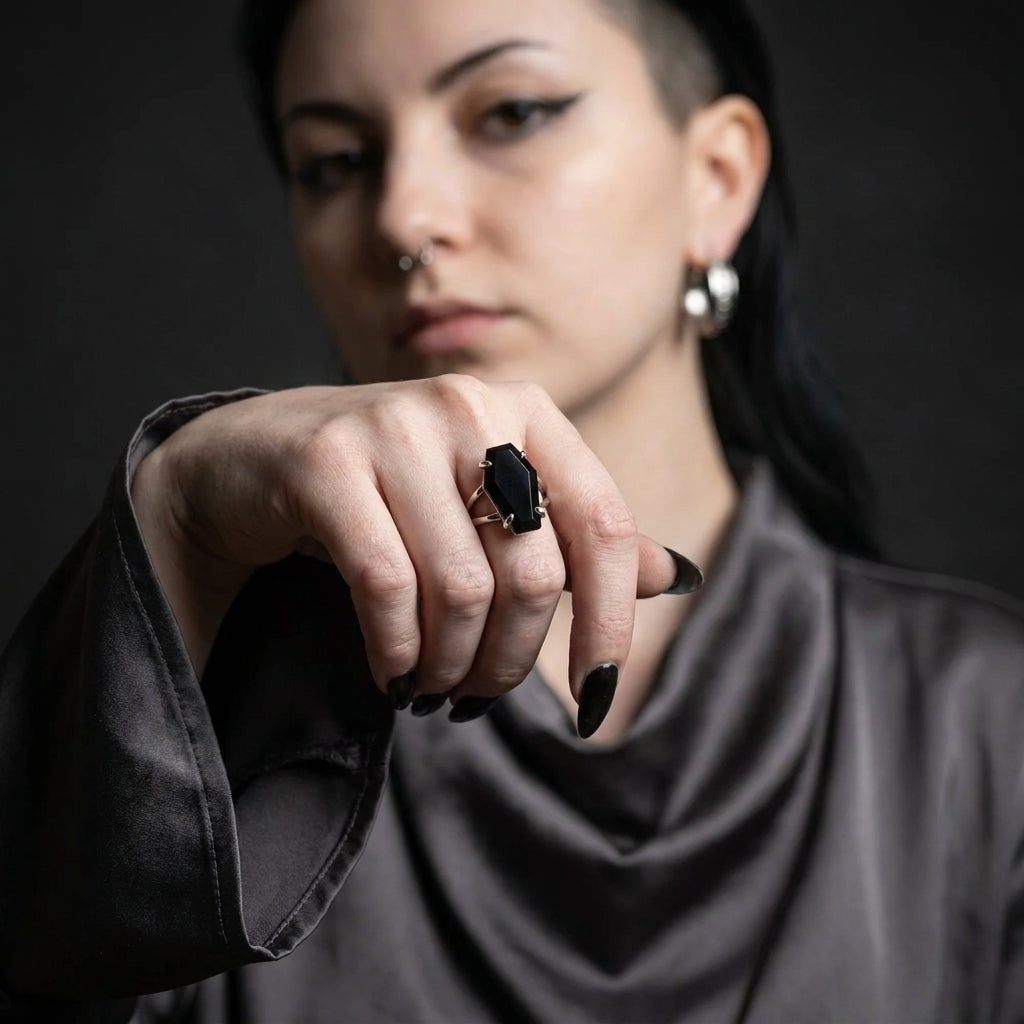 Black Coffin Stone Silver Split Band Gothic Ring
