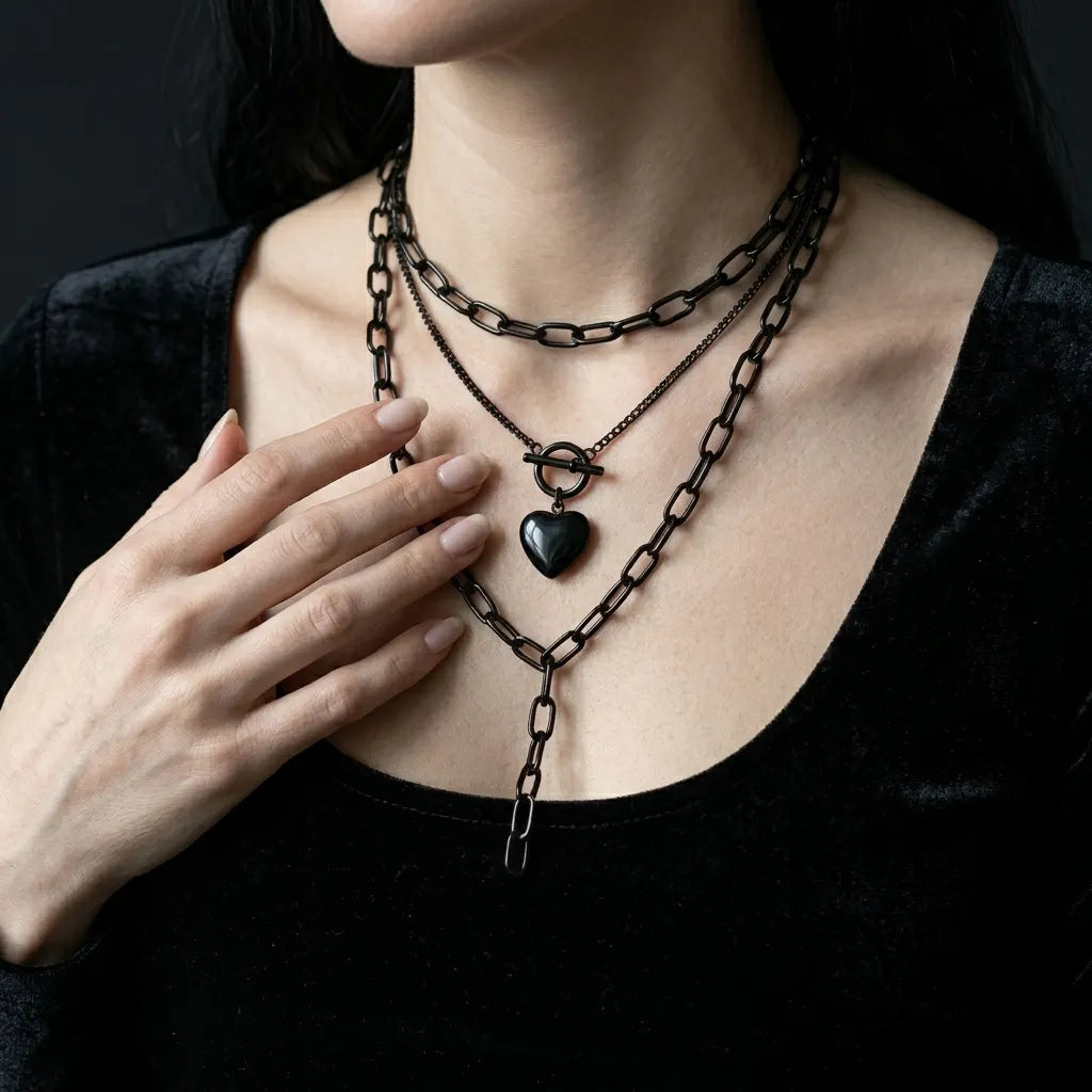 Black Heart Toggle Layered Chain Necklace