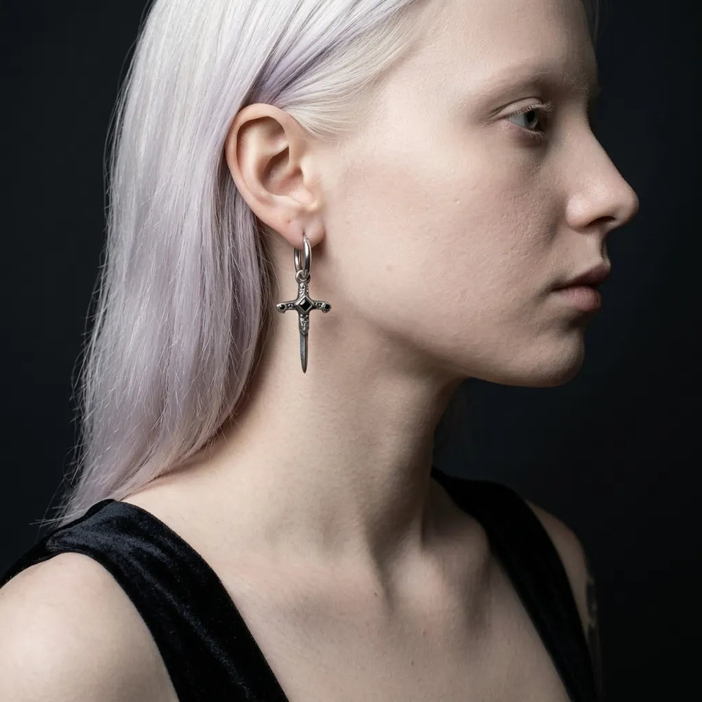 Veilborn Sanctum Dagger Drop Hoop Earrings