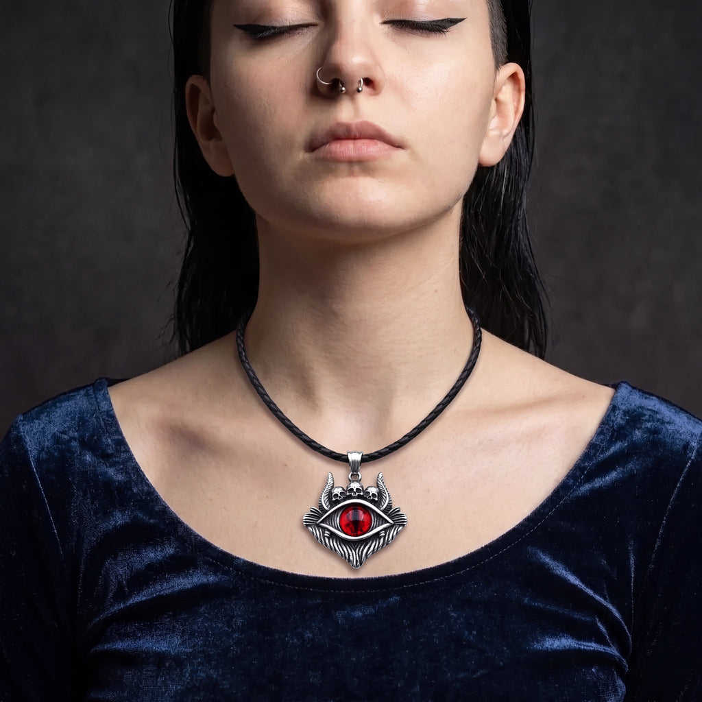 Dragon Eye Pendant with Skulls – Red Gemstone Necklace