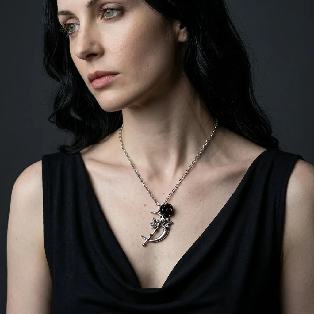 Midnight Crescent Dark Bloom Pendant Necklace