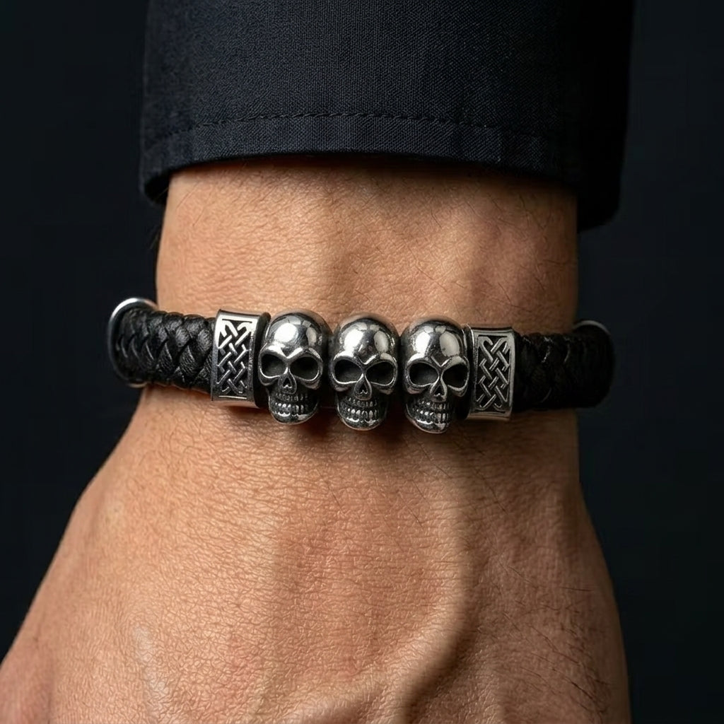 Three Skull Celtic Knot Black Leather Bracelet