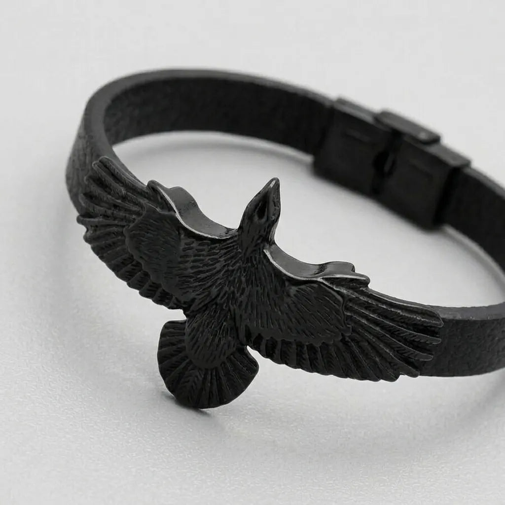 Dark Wings Gothic Raven Leather Wrap Bracelet