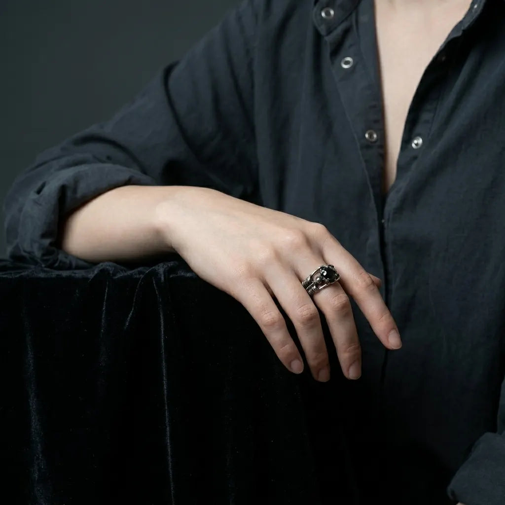 Twin Skeleton Embrace Black Gem Ring